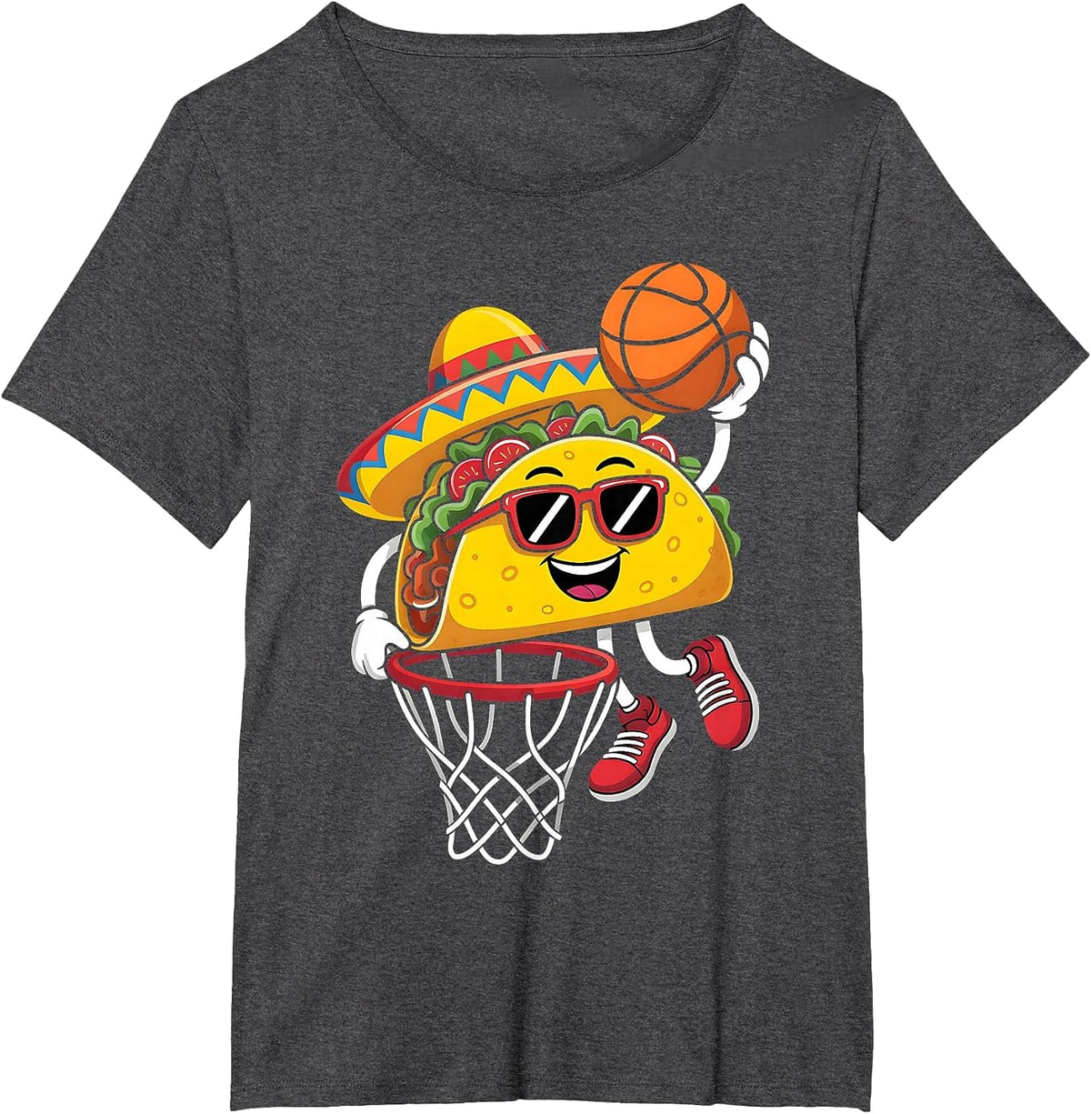 Taco Playing Basketball Mexican Food Cinco De Mayo Kids T-Shirt - Dark Heather Grey
