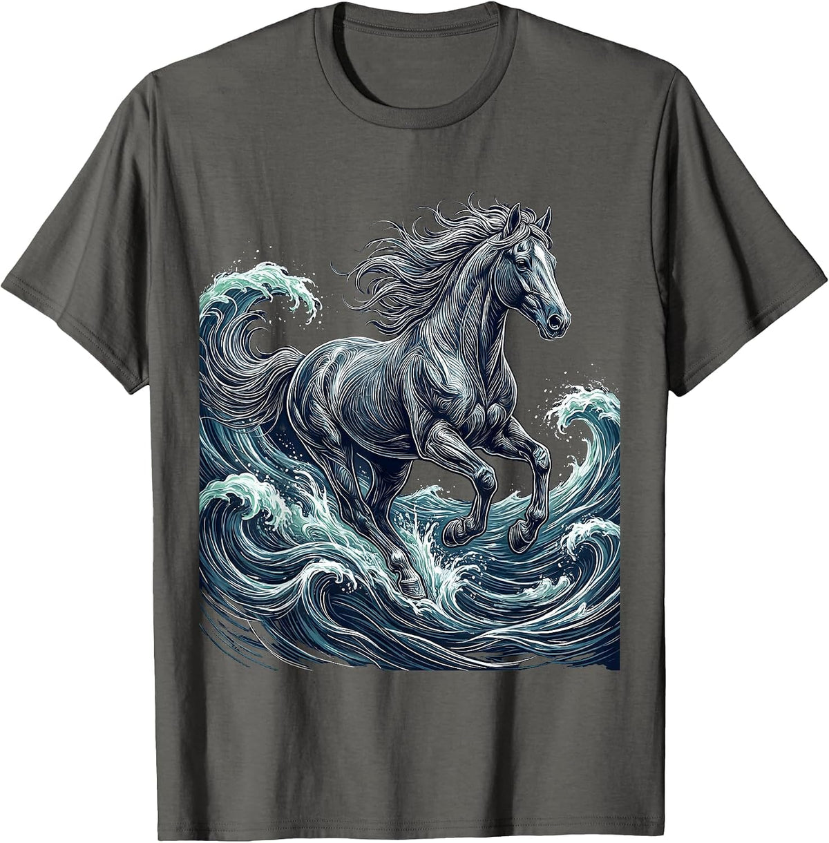 Horse Galloping Through Ocean Waves Graphic T-Shirt - Asphalt Grey