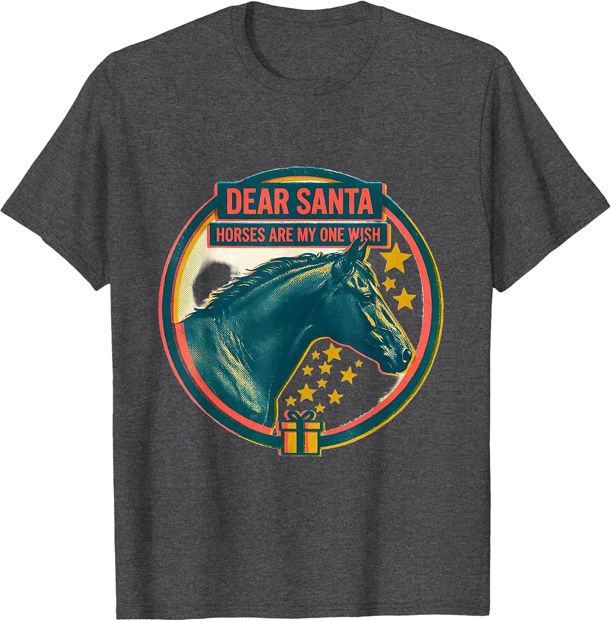 Dear Santa Horses Are My One Wish Risograph Horse Lover T-Shirt - Dark Heather Grey