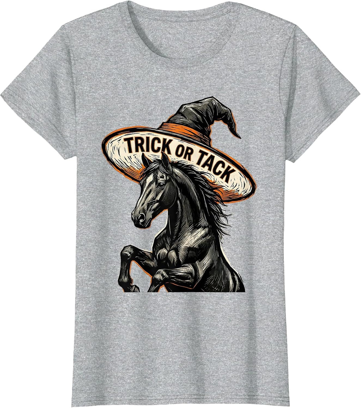 Women's Trick or Tack Linocut Whimsical Halloween Horse Lover Gift T-Shirt - Heather Grey
