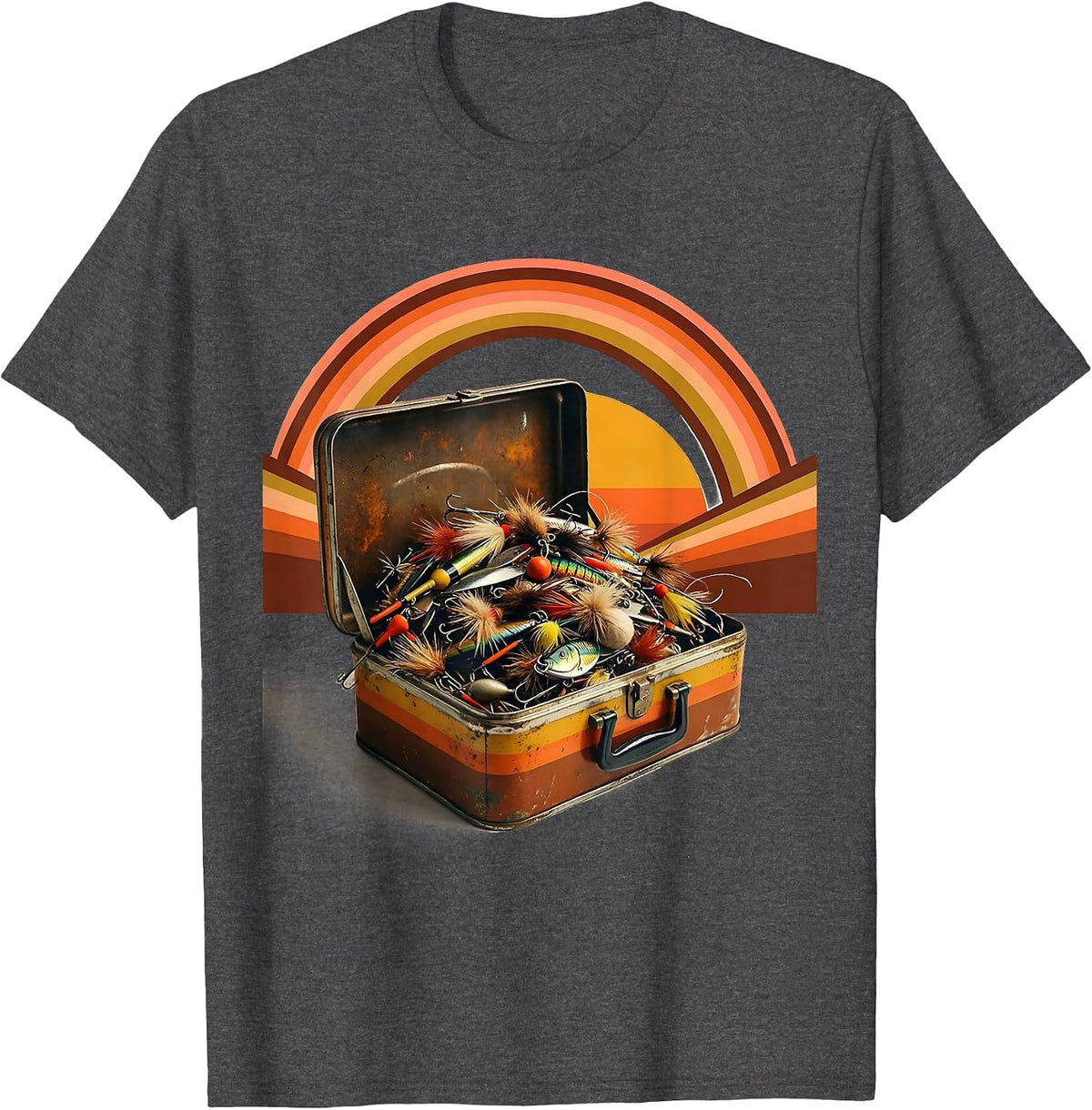 Vintage Tackle Box Overflowing With Lures Fishing T-Shirt - Dark Heather Grey