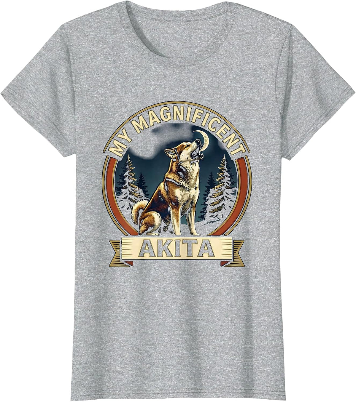 MY MAGNIFICENT AKITA Funny Akita Howling At The Moon Retro T-Shirt - Heather Grey