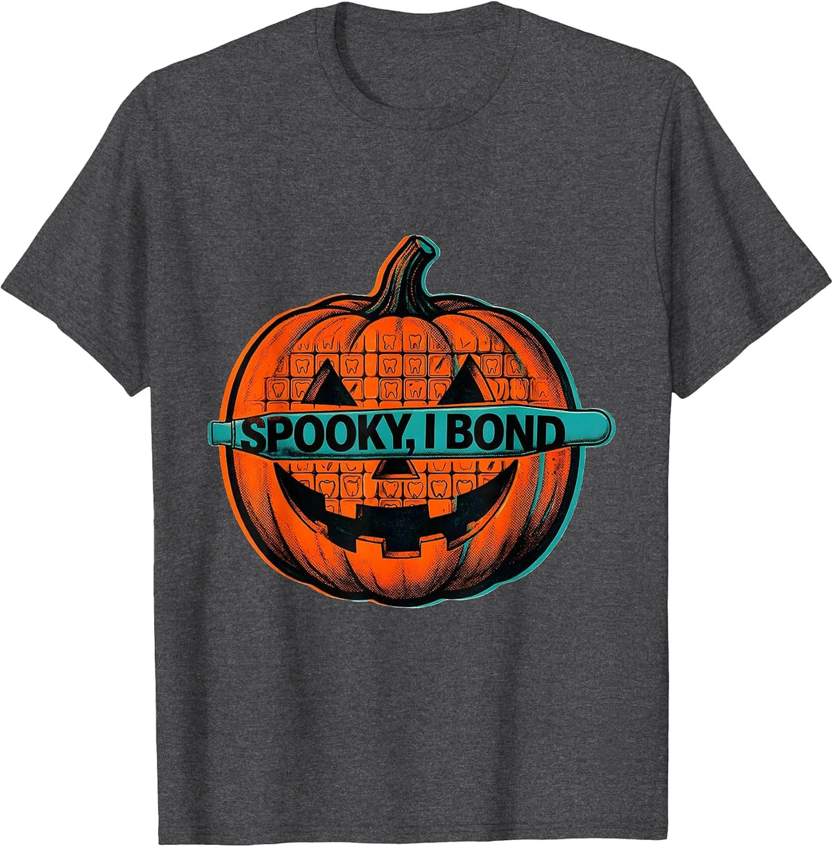 Men's Spooky, I Bond Risograph Dental Hygienist Halloween Humor T-Shirt - Dark Heather Grey