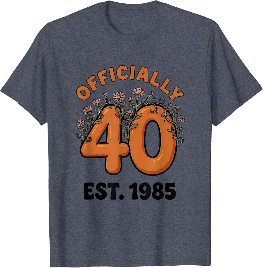 Officially Forty Est 1985 Vintage Wildflower Birthday T-Shirt - Heather Blue