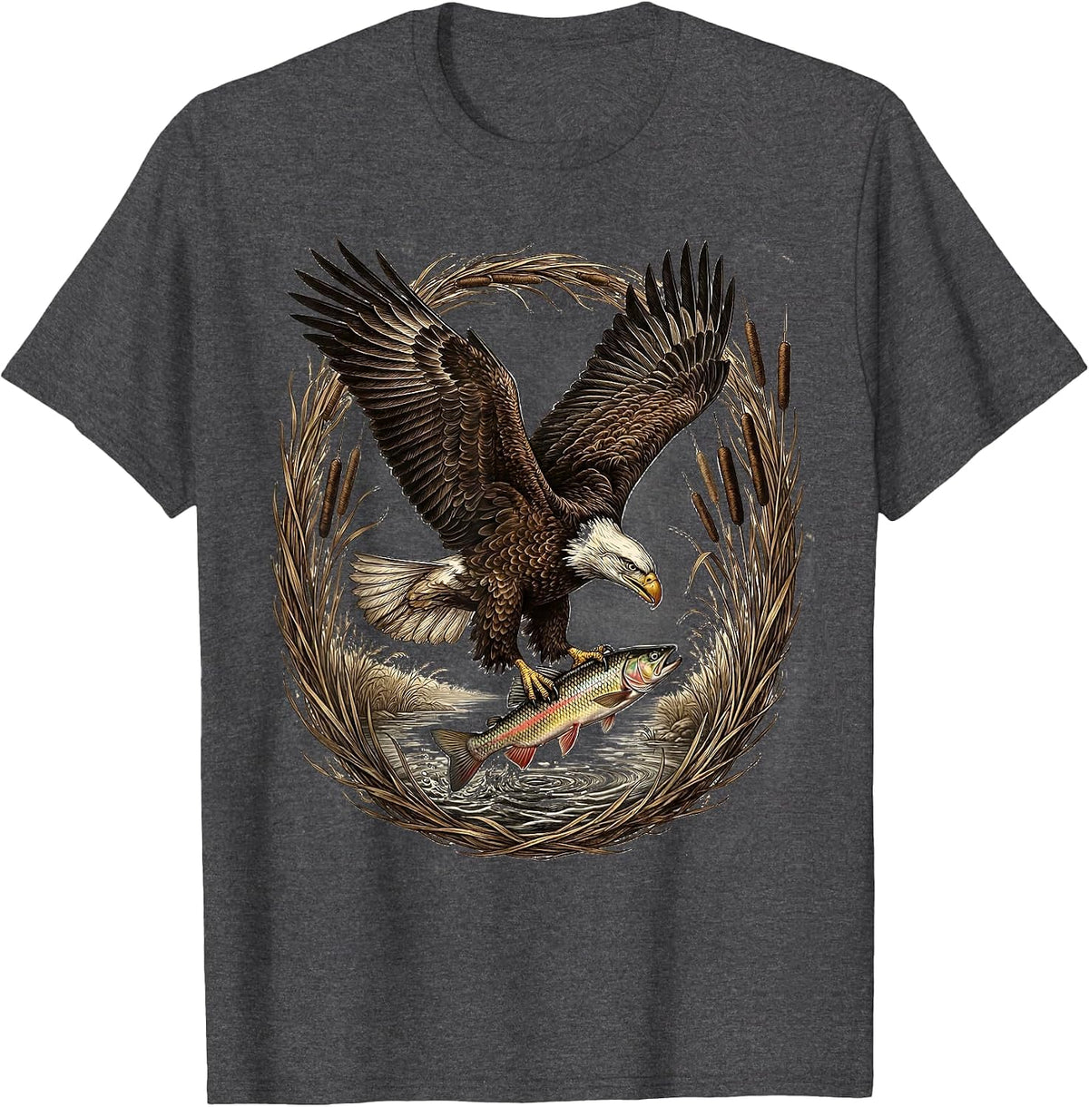 Eagle Diving for Trout Fishing Graphic T-Shirt - Dark Heather Grey
