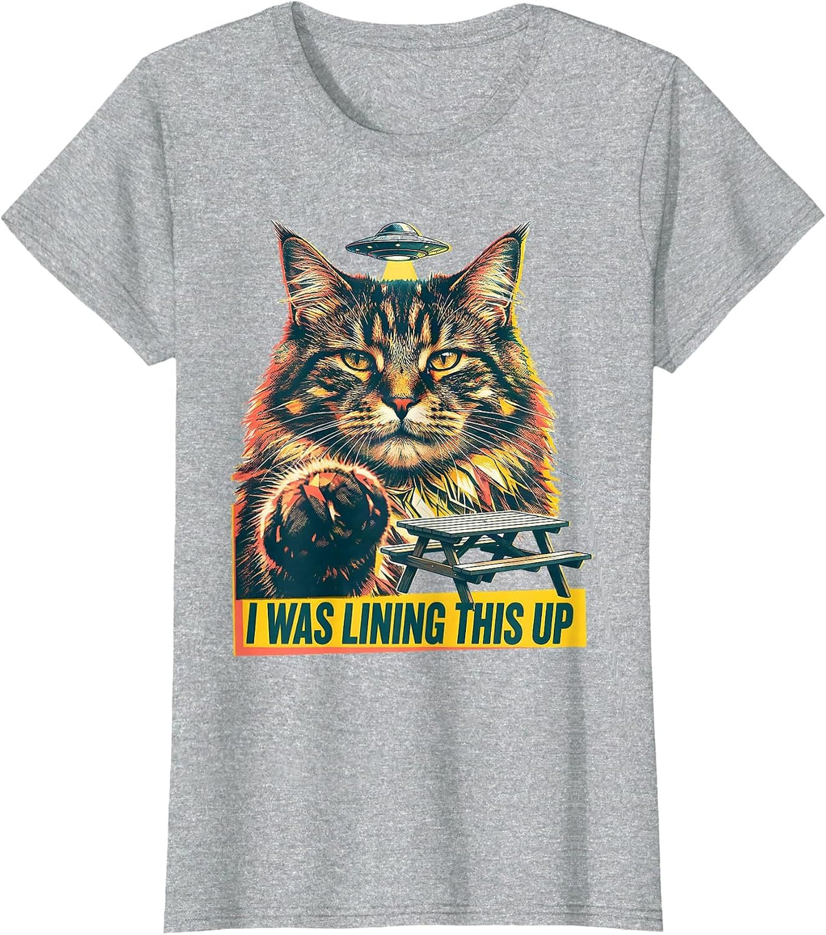 I Was Lining This Up Risograph Funny Cat UFO Meme Novelty T-Shirt - Heather Grey