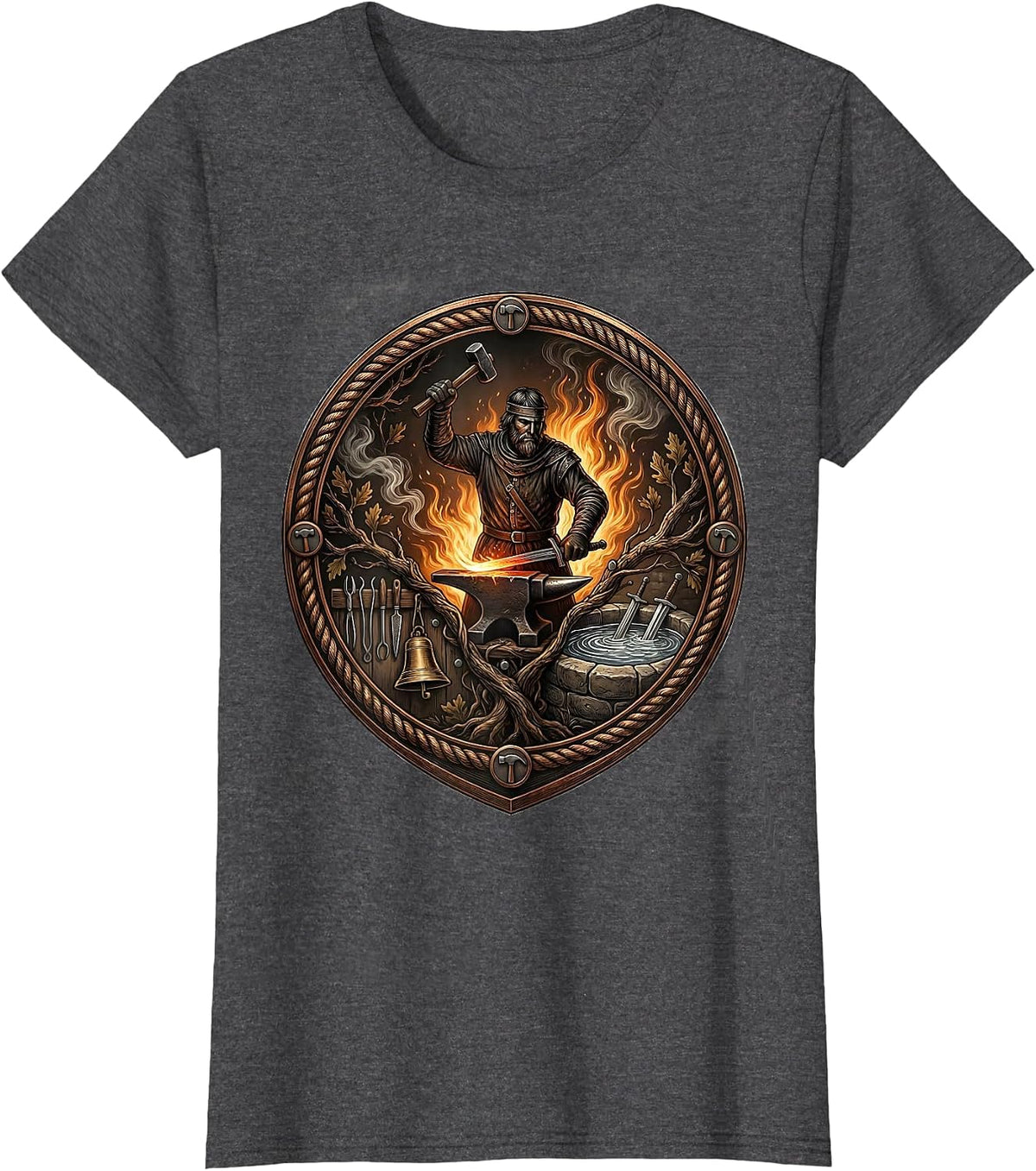 Women's Medieval Blacksmith Forging Sword at the Forge T-Shirt - Dark Heather Grey