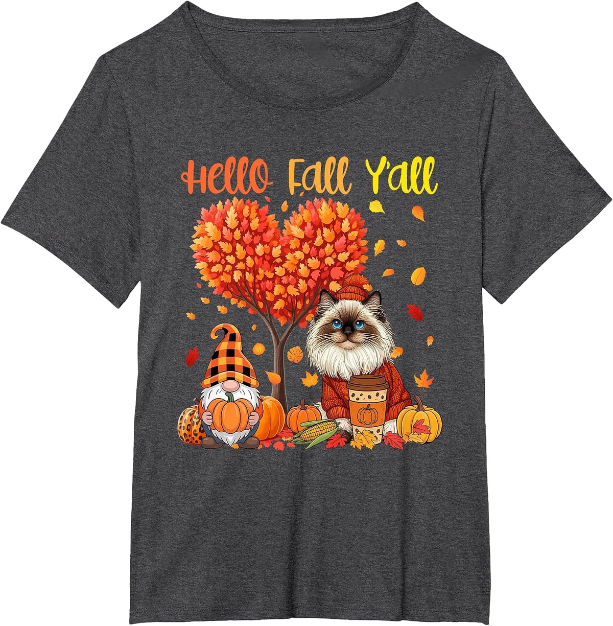 Fall Y'all Thanksgiving Himalayan Cat Gnome Pupmkins Case T-Shirt - Dark Heather Grey