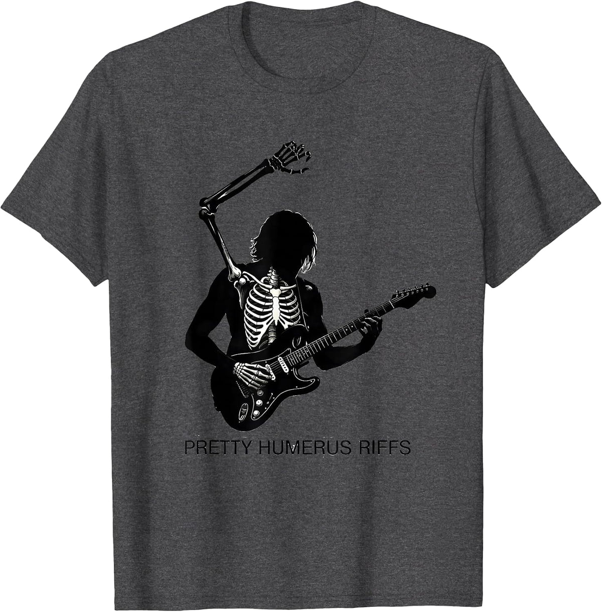 Pretty Humerus Riffs Bold Skeleton Guitarist Halloween T-Shirt - Dark Heather Grey
