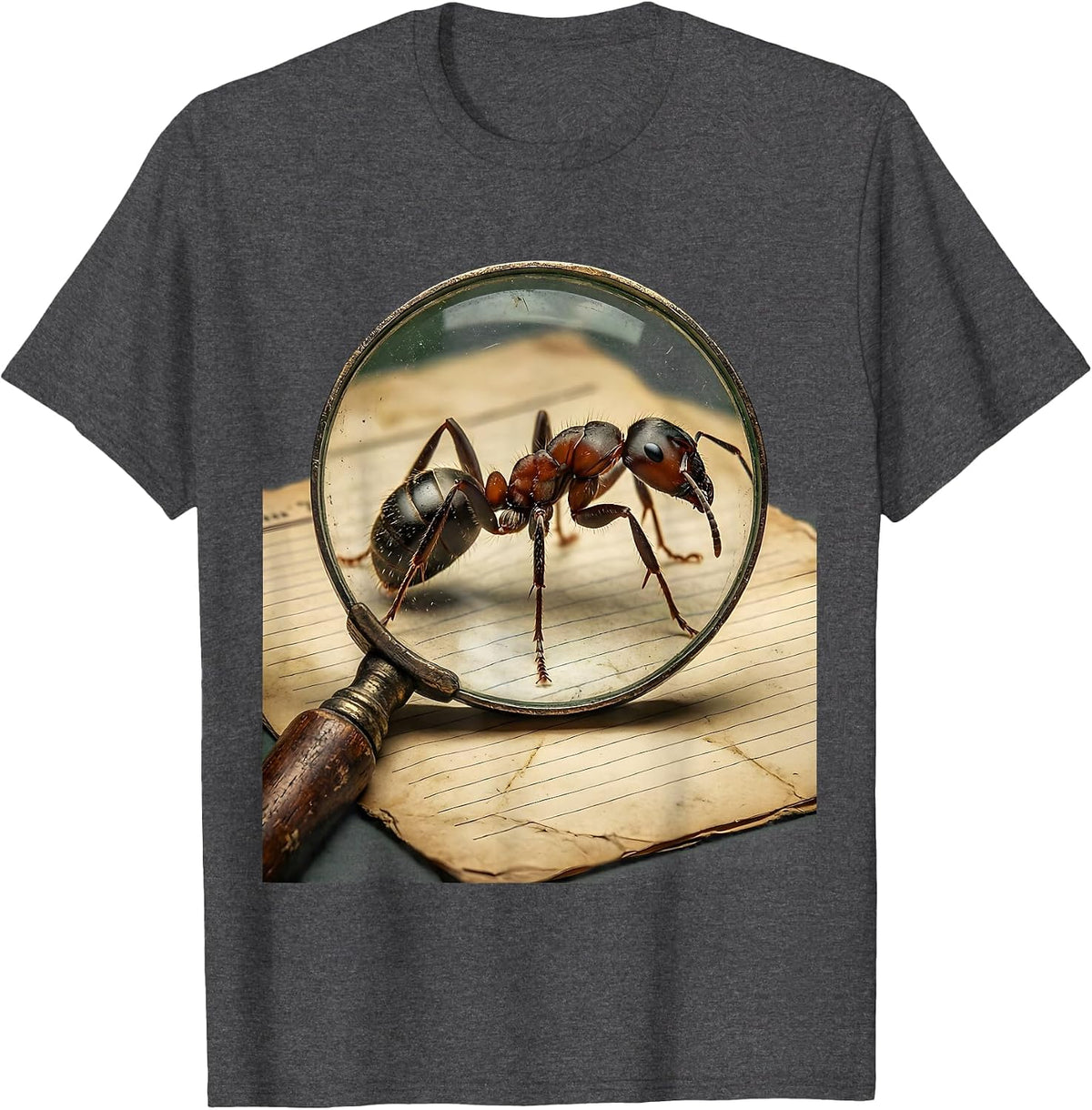 Magnifying Glass Ant Science Teacher Graphic T-Shirt - Dark Heather Grey