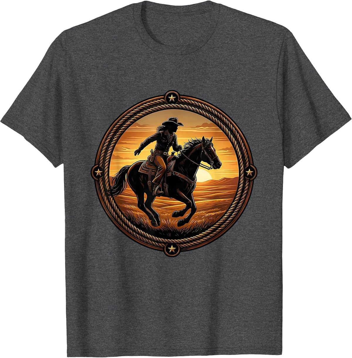 Men's Cowgirl Silhouette Riding Horse at Sunset T-Shirt - Dark Heather Grey