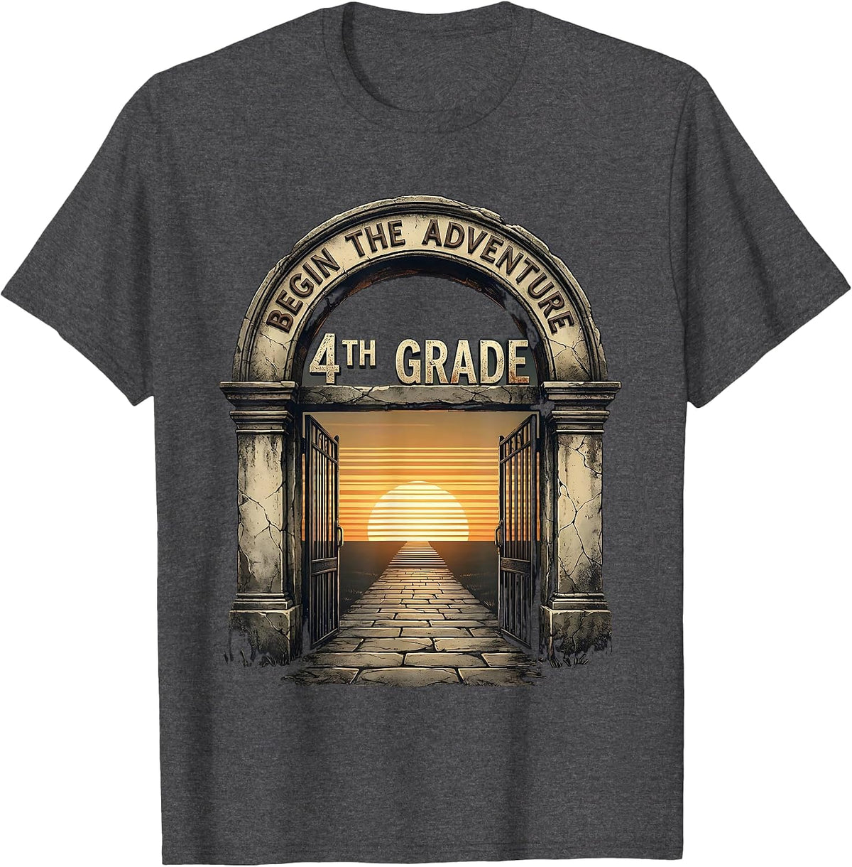 Men's Begin The Adventure 4th Grade Distressed Back To School T-Shirt - Dark Heather Grey