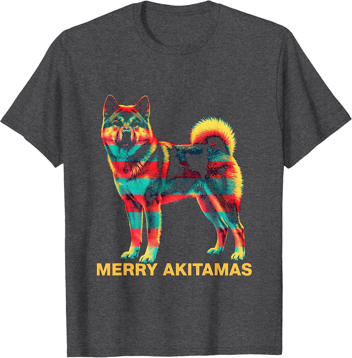 Men's Merry Akitamas Risograph Christmas Dog Breed Lover Novelty T-Shirt - Dark Heather Grey