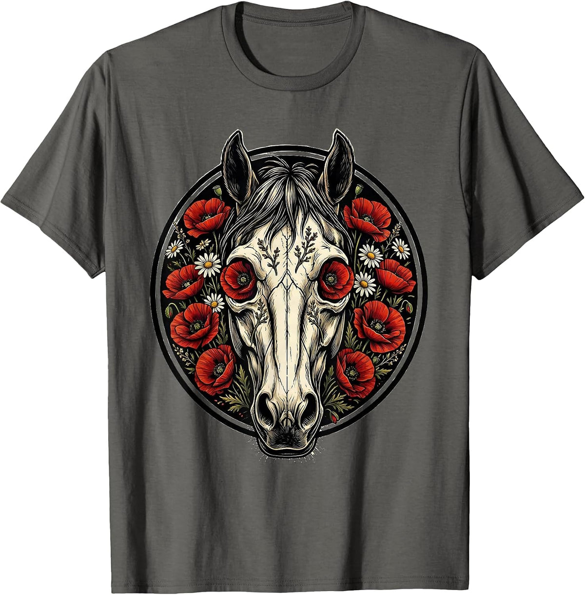 Horse Skull Wildflowers Boho Nature Art Design T-Shirt - Asphalt Grey