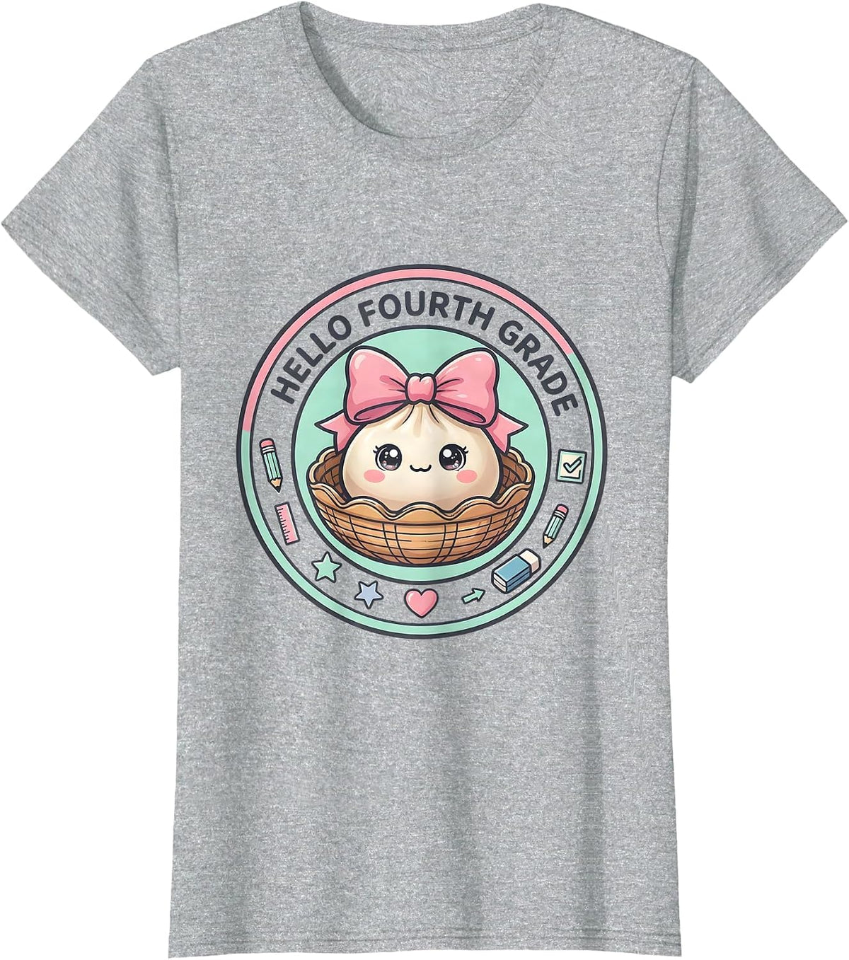 Hello Fourth Grade Kawaii Dumpling Back to School Girl T-Shirt - Heather Grey