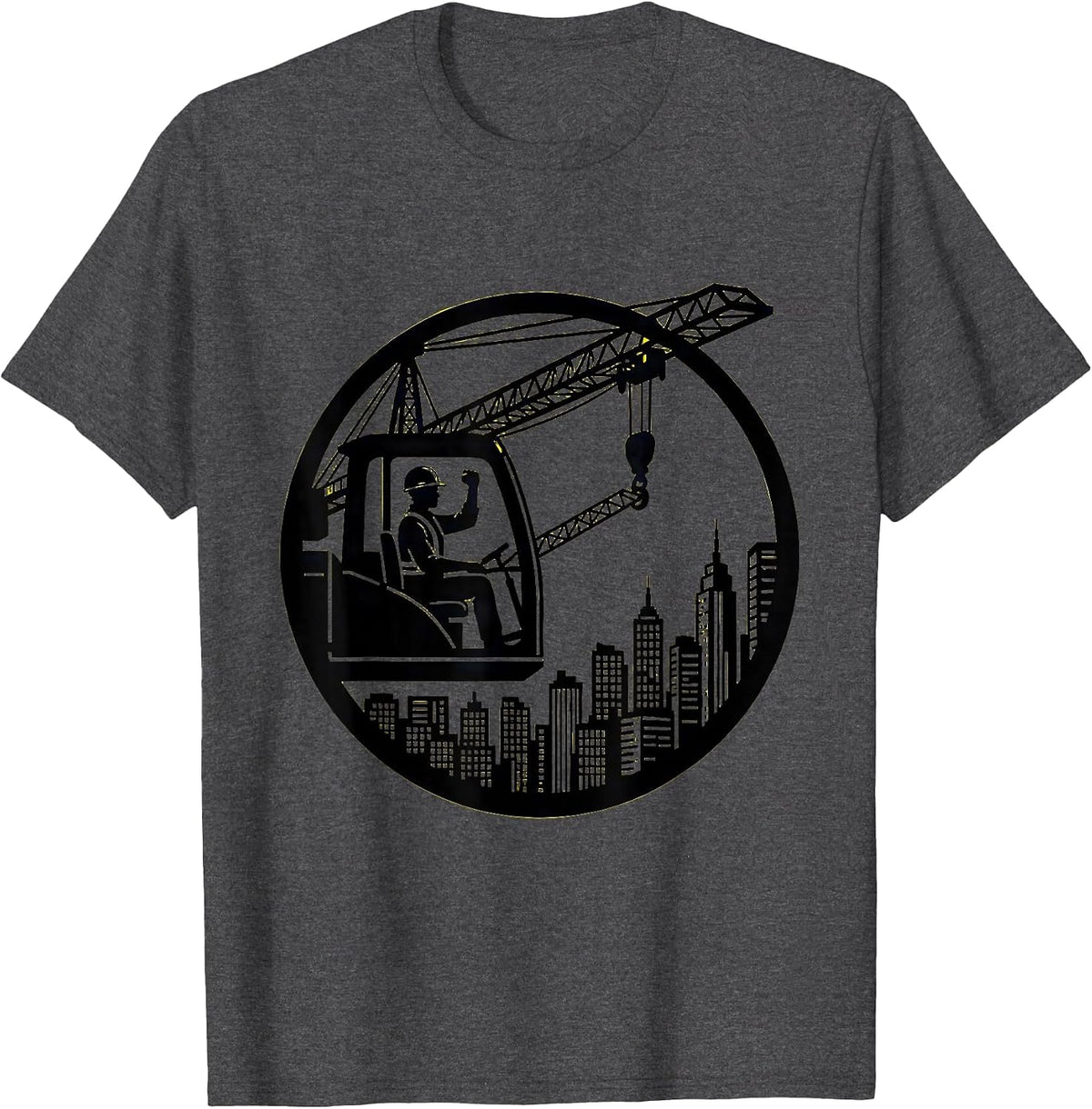 Labor Day Crane Operator Above the City Skyline T-Shirt - Dark Heather Grey