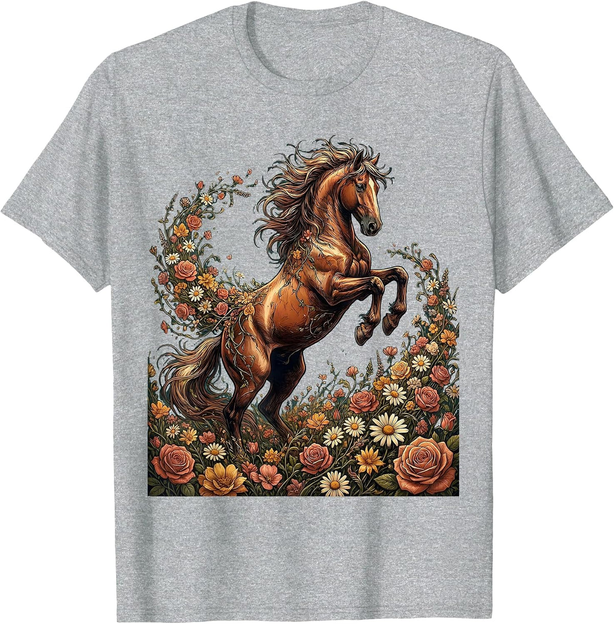 Men's Floral Bucking Horse Rodeo Graphic Design T-Shirt - Heather Grey