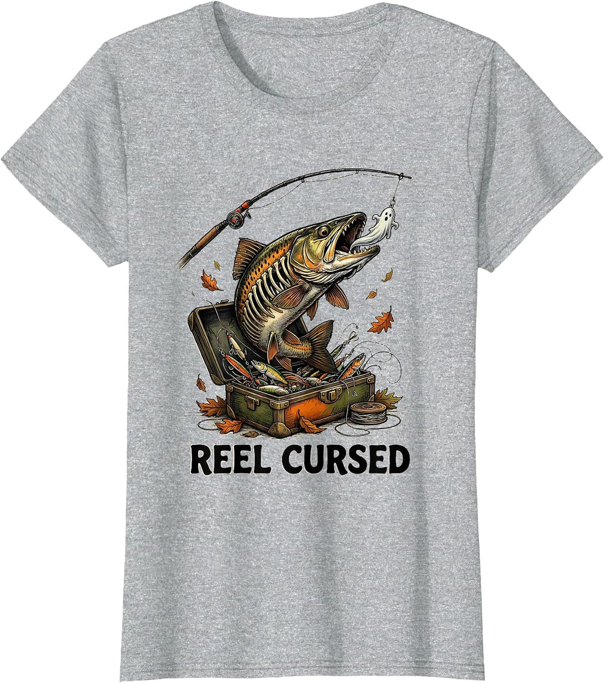 Reel Cursed Playful Spooky Skeleton Halloween Fishing Gift T-Shirt - Heather Grey