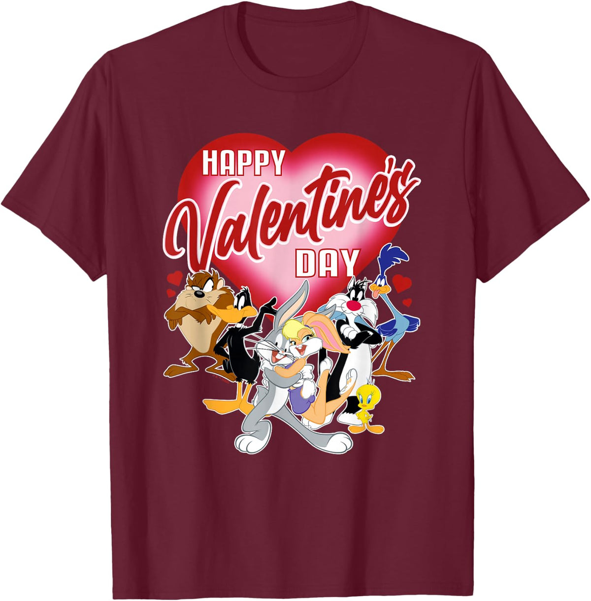 Looney Tunes Valentines Day Bugs Lola Tweety Taz Daffy T-Shirt - Burgundy