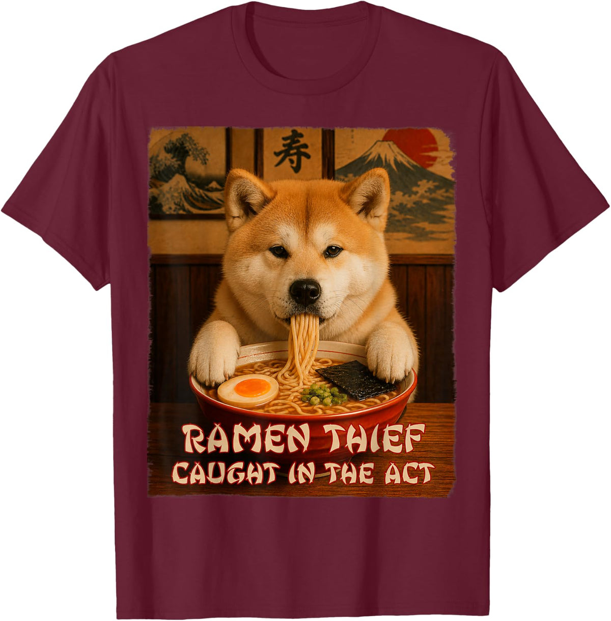 Funny Dog Tee - Akita - Ramen Dog Thief T-Shirt - Burgundy