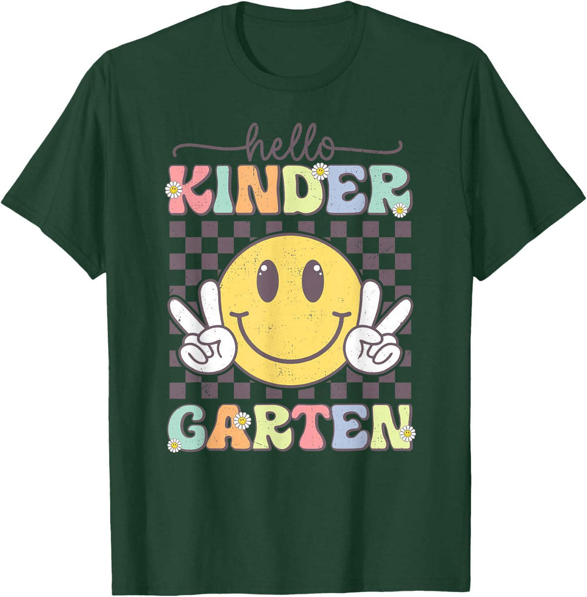 Hello Kindergarten Hippie Smile Face Back To School T-Shirt Tee For Kids Teachers - Dark Green
