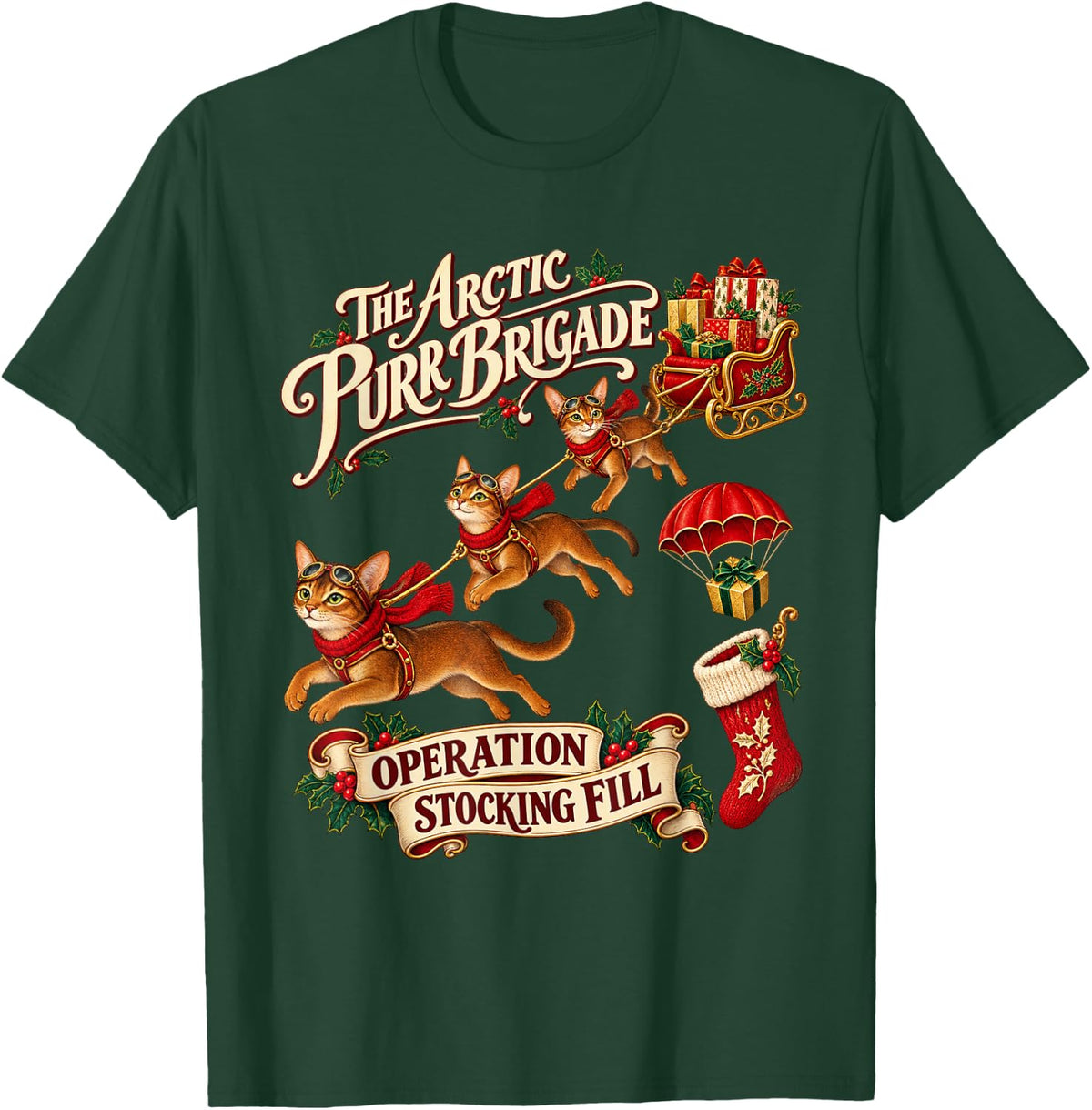 Abyssinian Cat Christmas Parachute Delivery T-Shirt - Dark Green
