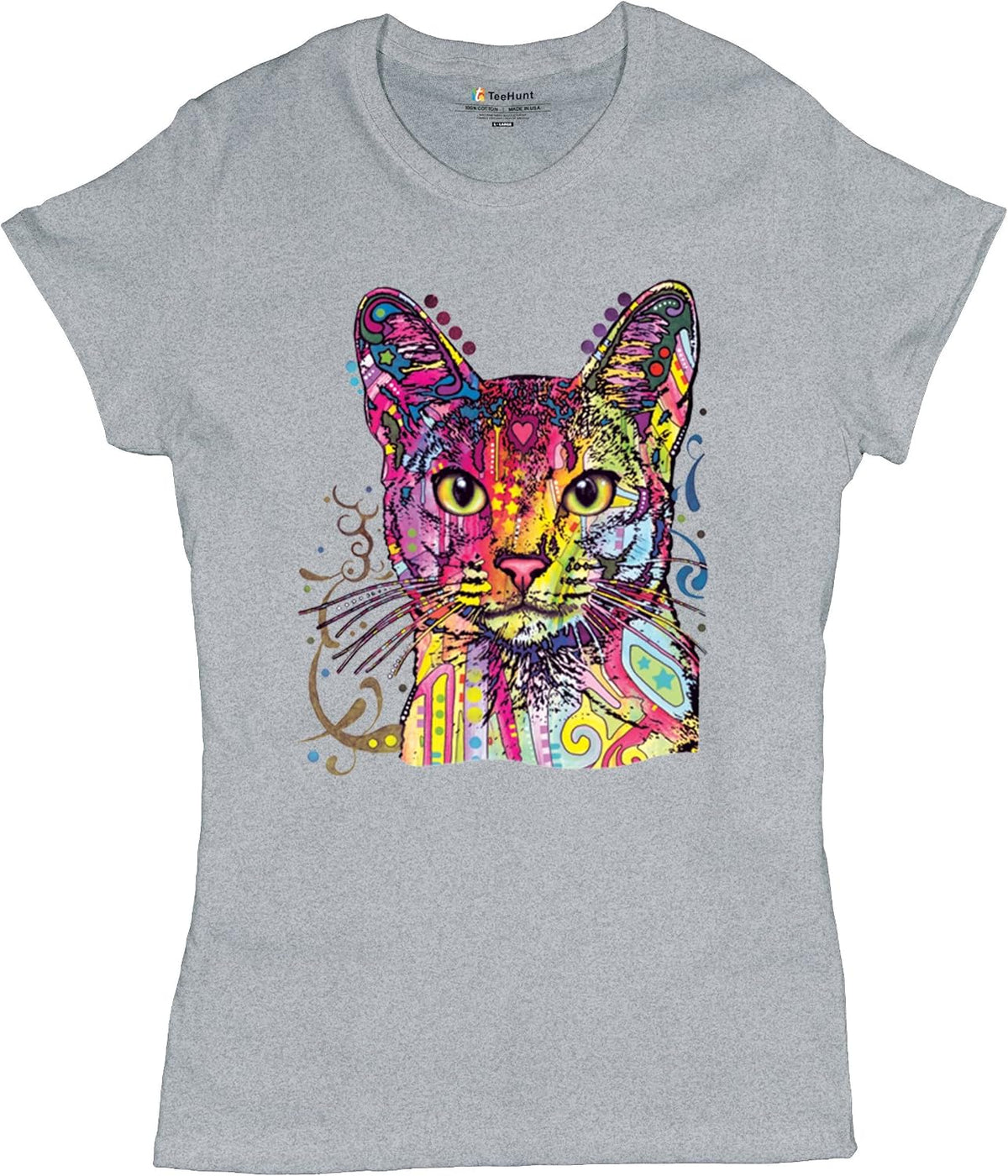 Dean Russo Abyssinian Cat T-Shirt Neon Colorful Cute Kitten Women's Tee - Gray