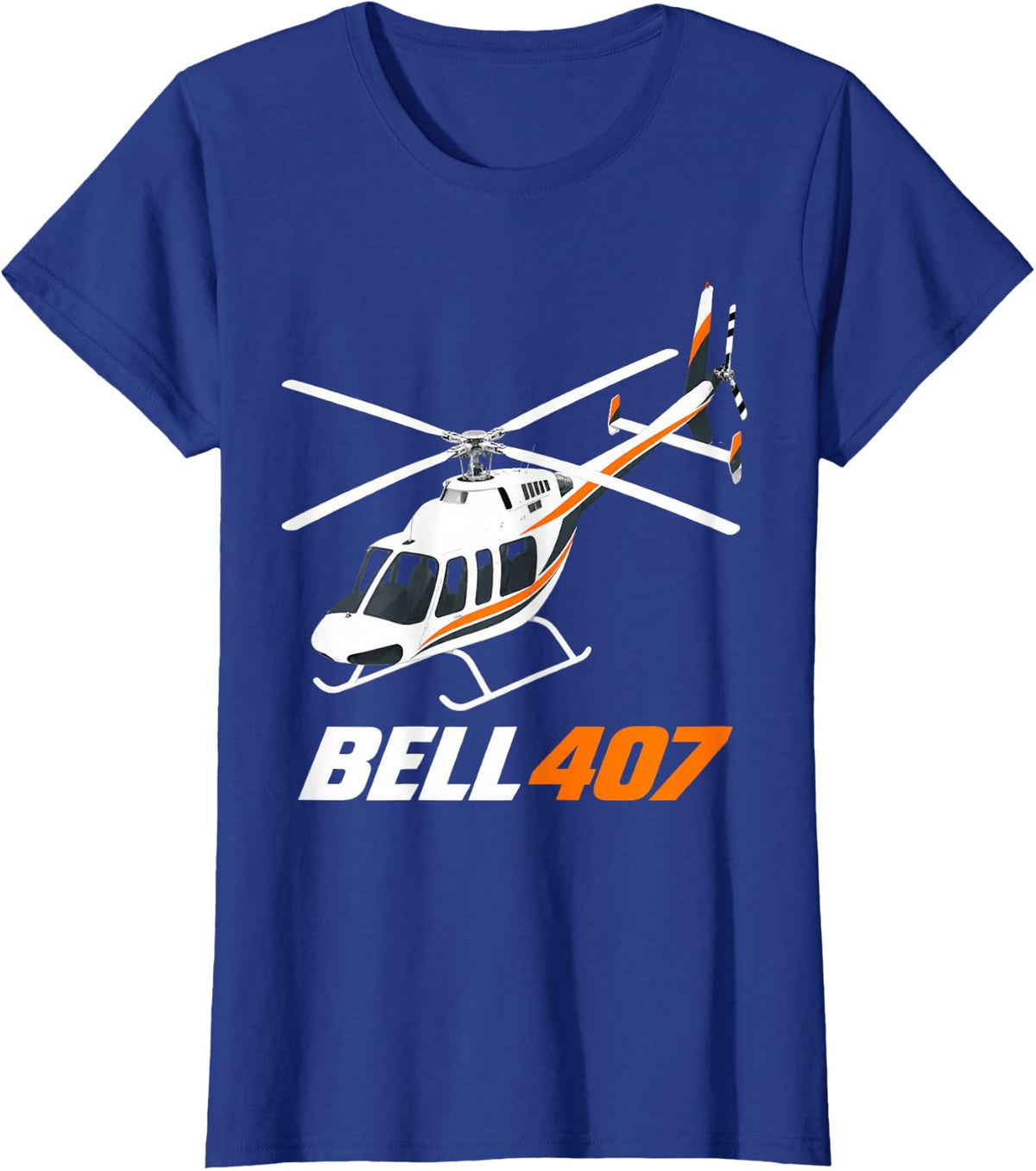 Bell 407 White Orange Helicopter T-Shirt - Royal Blue