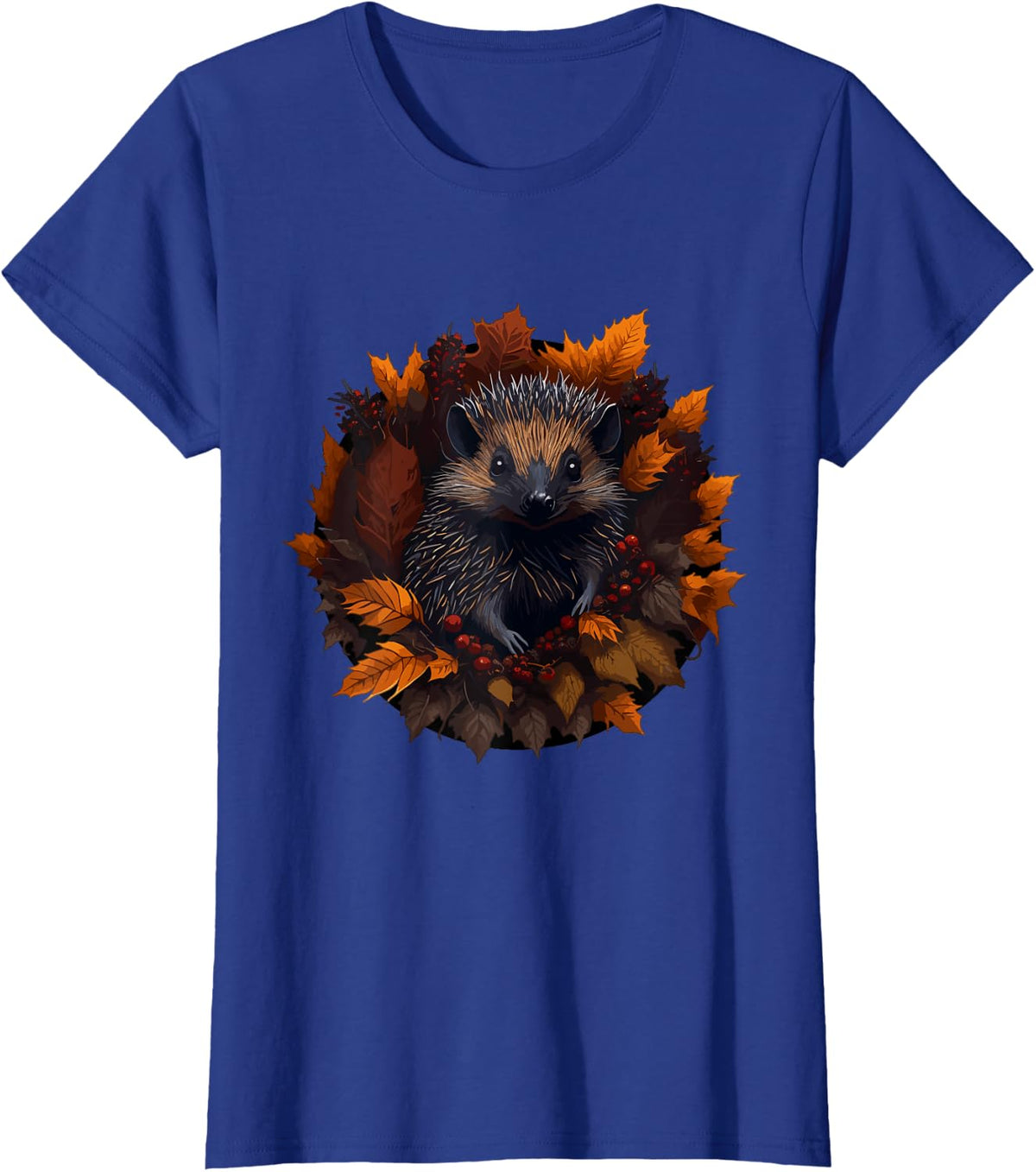 Hedgehog in Autumn Fall Leaves Cute Hedgehog T-Shirt - Royal Blue