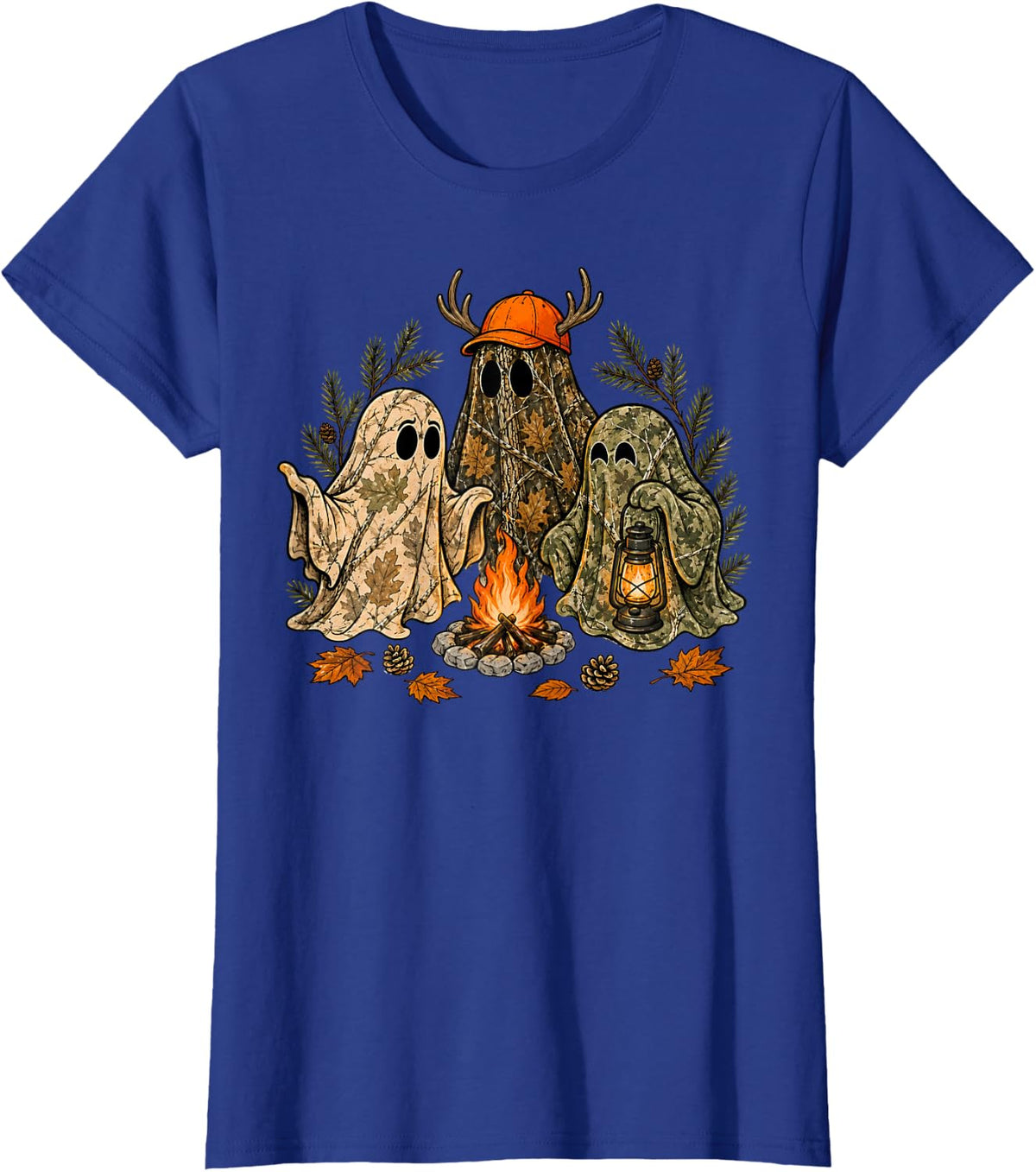 Camo Ghost Hunting Spooky Season Camping Campfire Halloween T-Shirt - Royal Blue