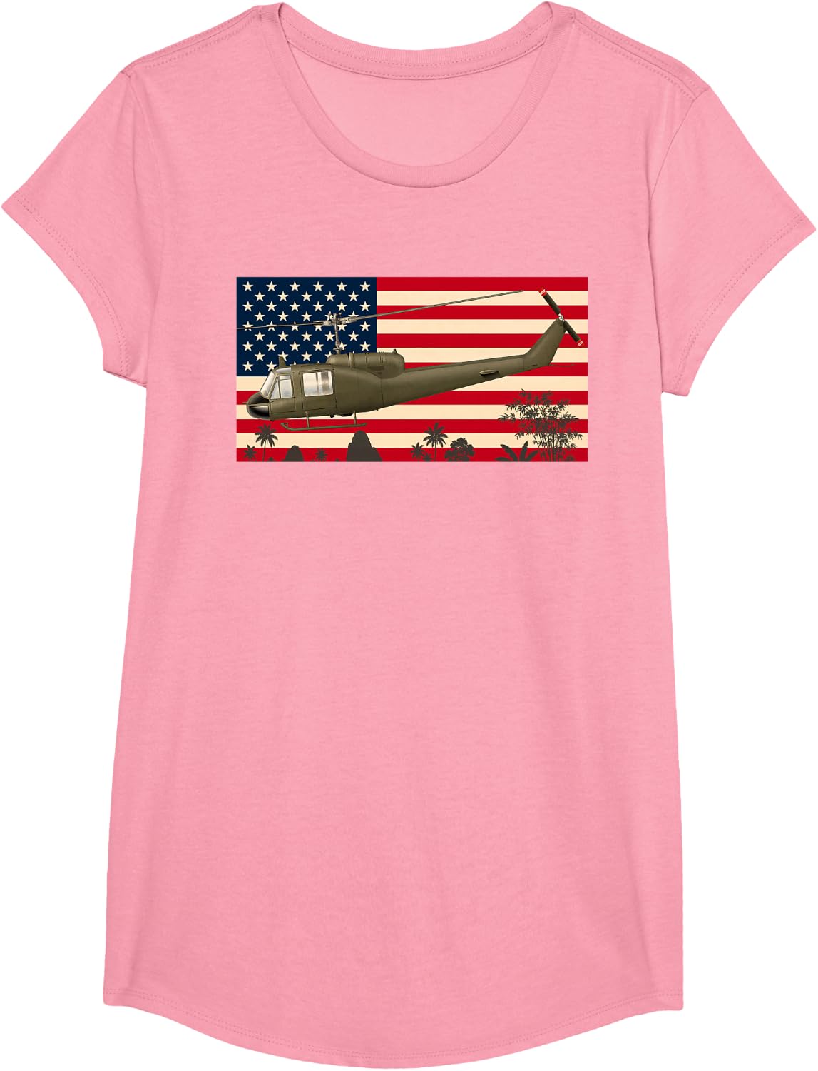 UH-1 Huey Helicopter Vietnam War American Flag T-Shirt - Girls Pink