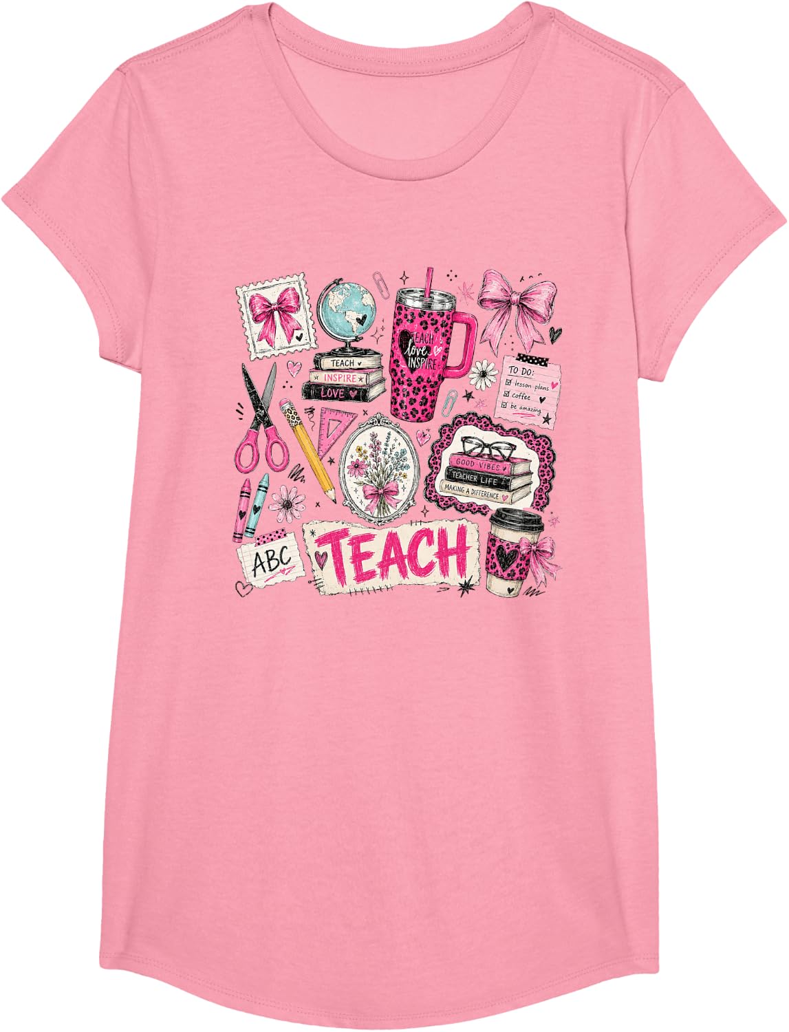 Teach Inspire Love Teacher Classroom Life Pink Aesthetic T-Shirt - Girls Pink