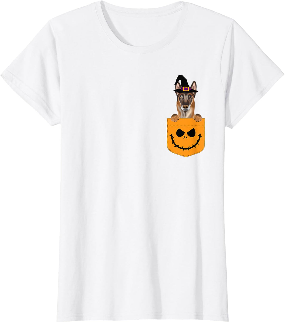 Halloween Pocket Belgian Malinoi Scary Jack O Lantern T-Shirt - White