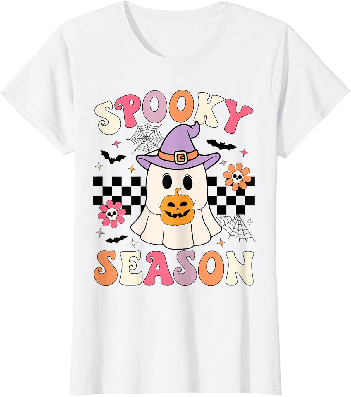Groovy Spooky Season Retro Ghost Holding Pumpkin Halloween T-Shirt - White