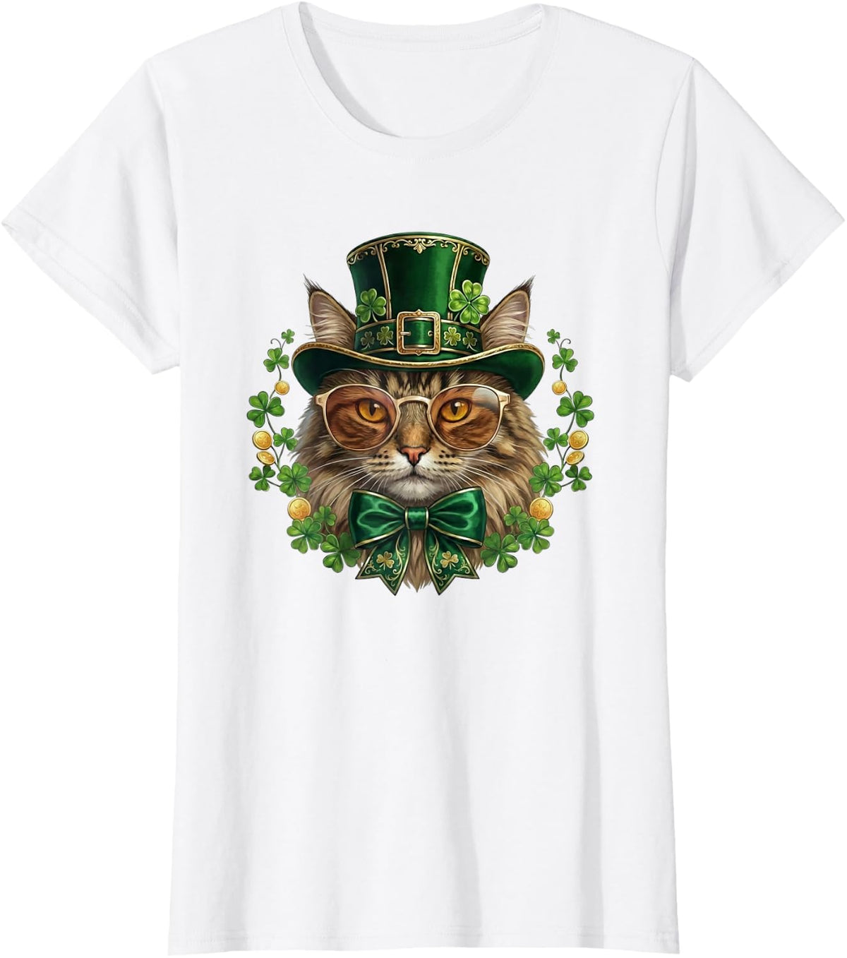 Norwegian Forest Cat Leprechaun Hat Glasses St Patricks Day T-Shirt - White