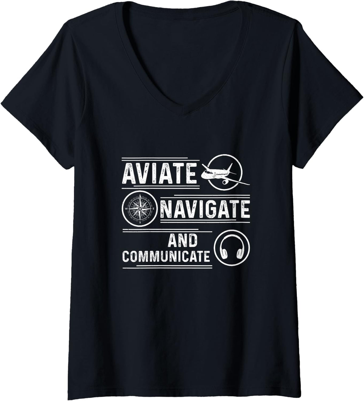 Women's Fly, Navigate and Communicate Aviation V-Neck T-Shirt - Black