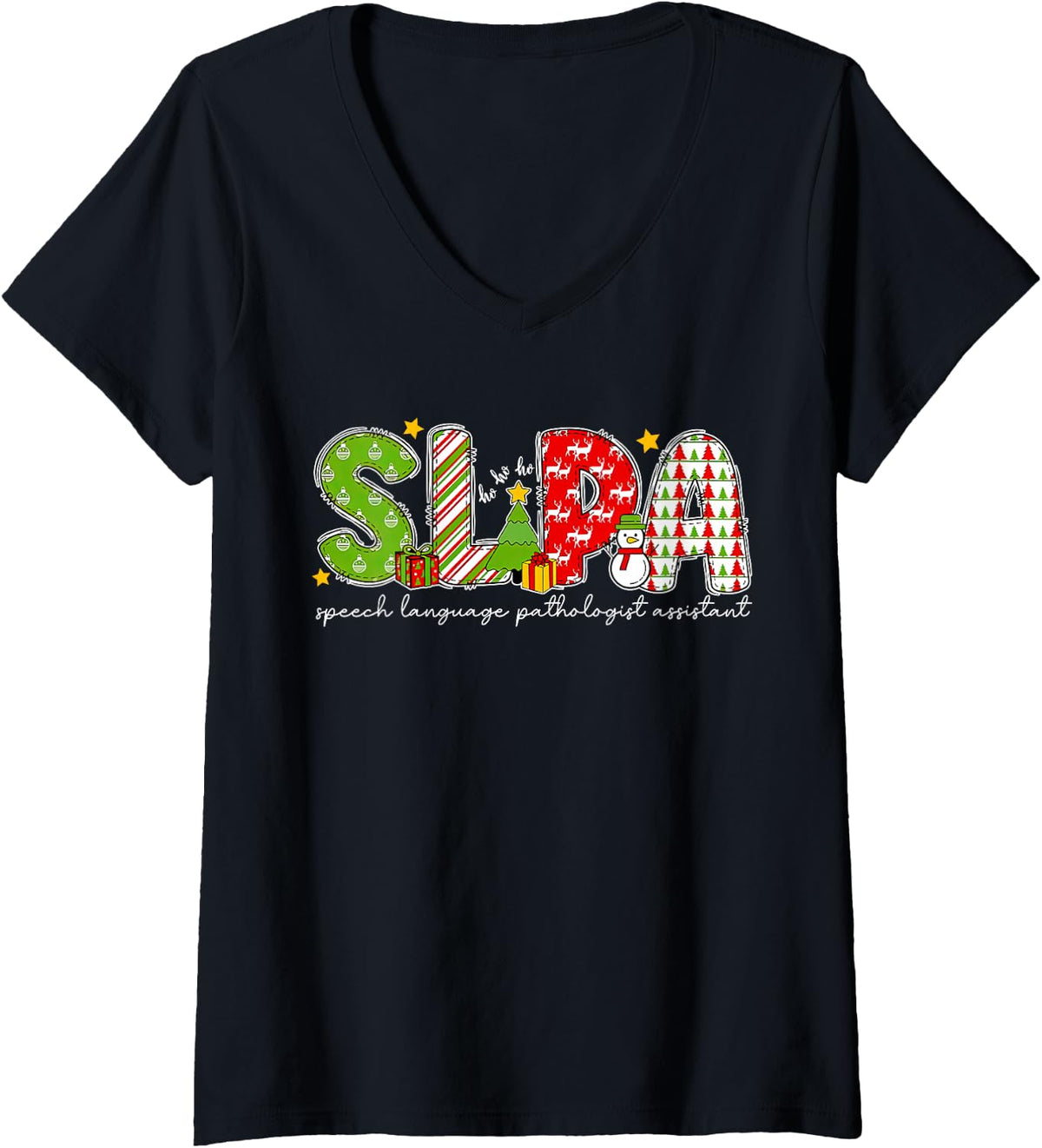 Women's Retro SLPA Speech Language Pathologist Assistant Christmas V-Neck T-Shirt - Black