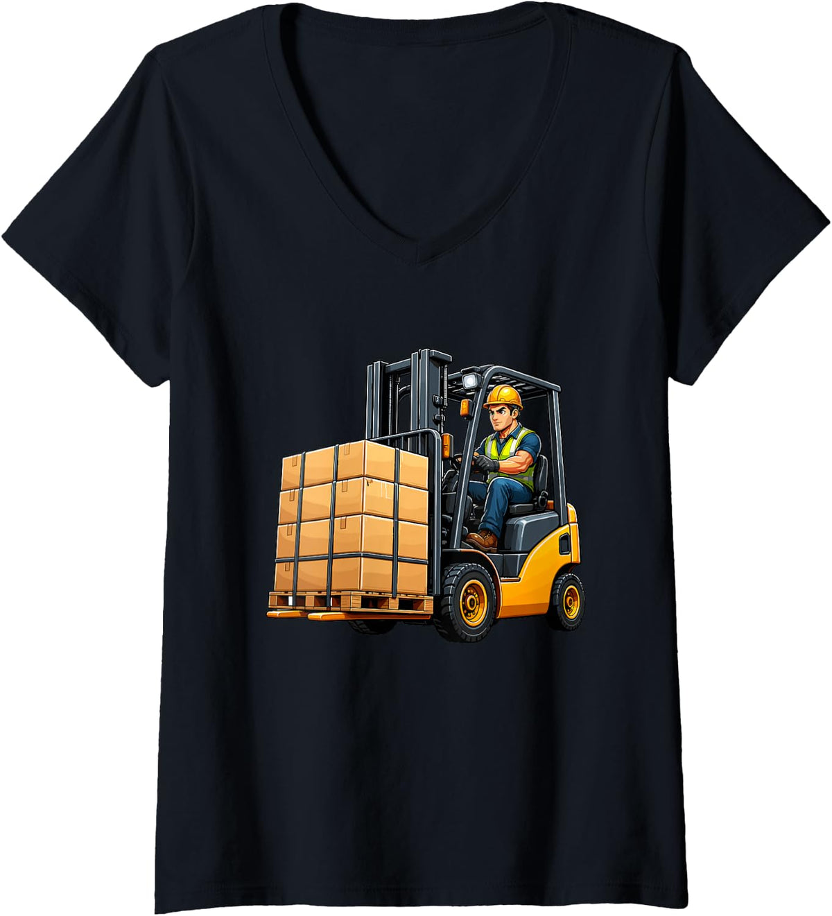 Women's Warehouse Worker Forklift Driver Pallet Loader V-Neck T-Shirt - Black