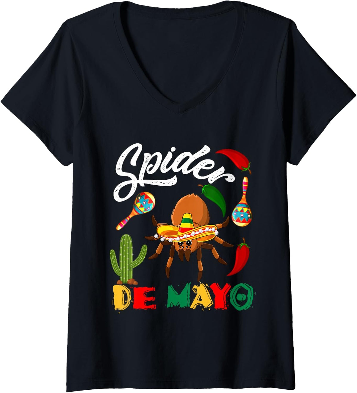Women's Spider De Mayo Mexican Spider Sombrero Cinco De Mayo V-Neck T-Shirt - Black