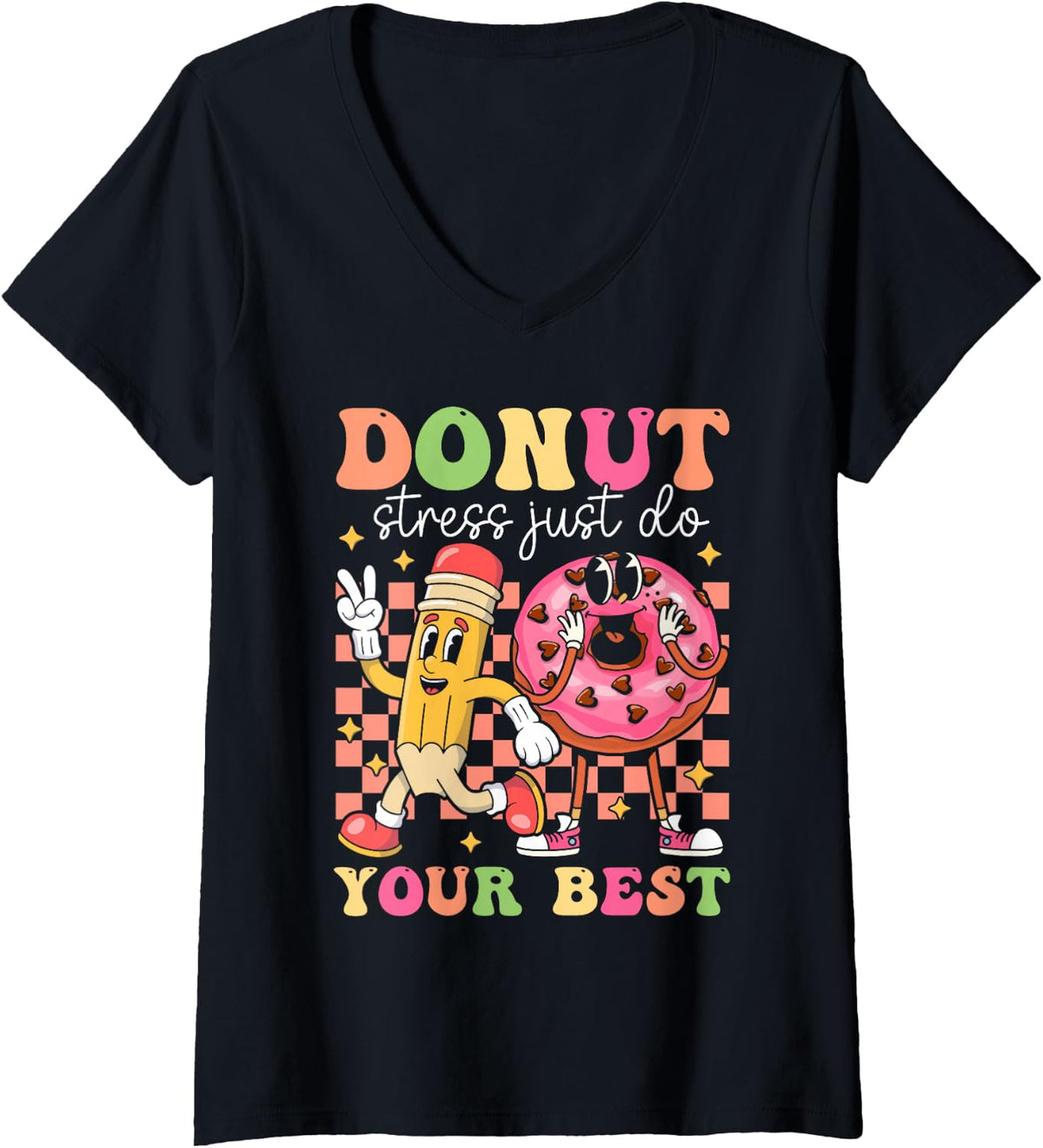 Women's Groovy Donut Stress Just Do Your Best Testing Day Teachers V-Neck T-Shirt - Black