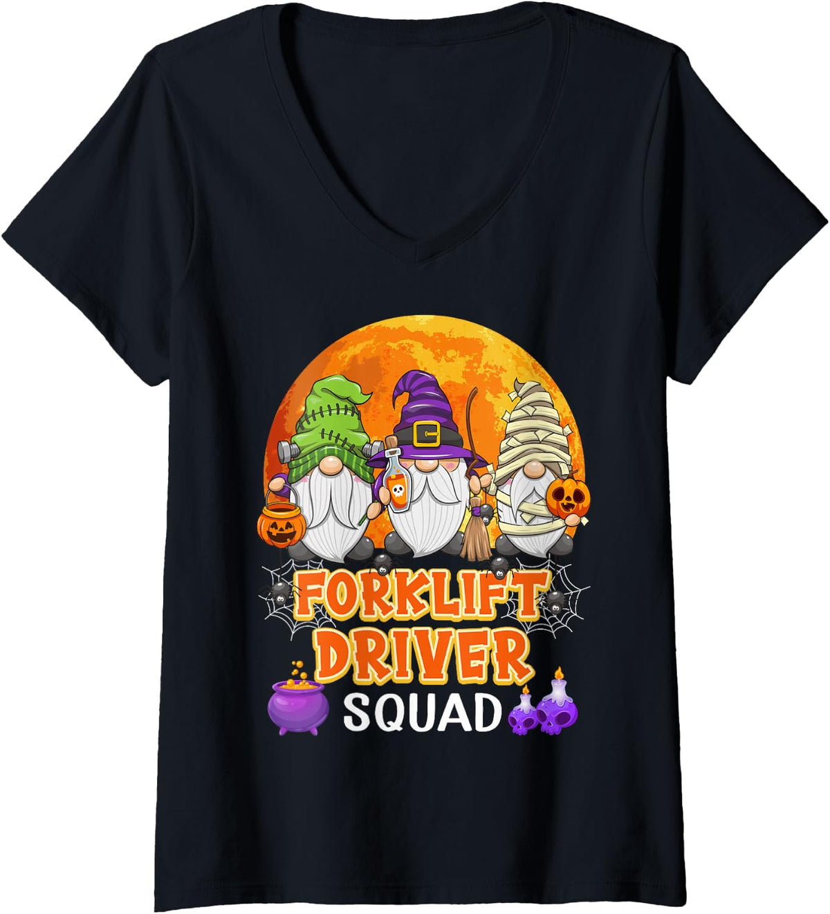 Women's Forklift Driver Squad Halloween Gnome Matching V-Neck T-Shirt - Black