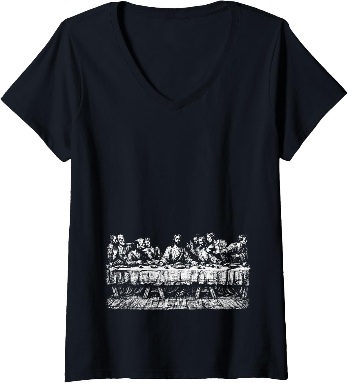 Women's Last Supper Gothic Jesus Crucifixion Vintage Christian Epic V-Neck T-Shirt - Black