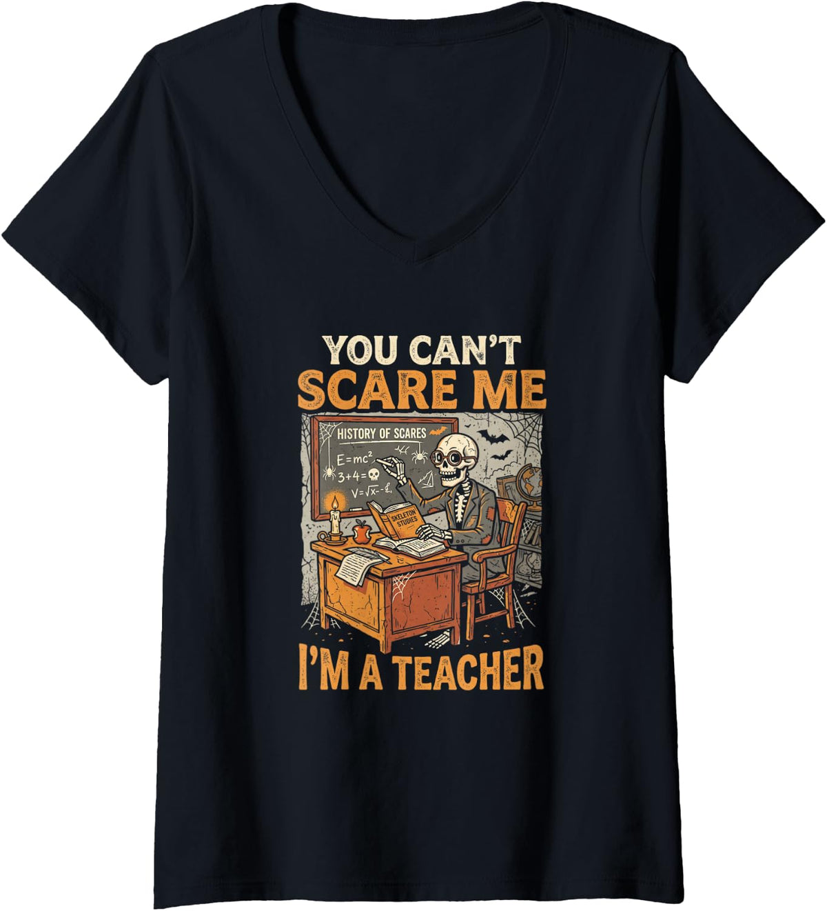 Women's You Can't Scare Me I'm A Teacher Halloween Ghost V-Neck T-Shirt - Black