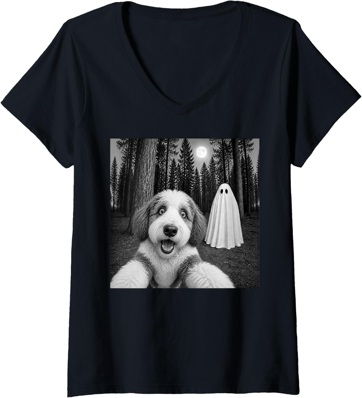 Women's Spooky Sheepadoodle Selfie with Ghost Halloween Doodle Dog V-Neck T-Shirt - Black