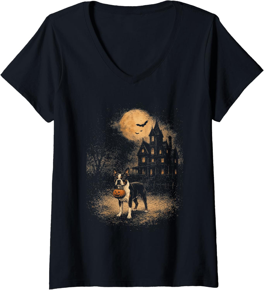 Women's Vintage Akita Halloween Funny Dog Pumpkin Spooky Moon V-Neck T-Shirt - Black
