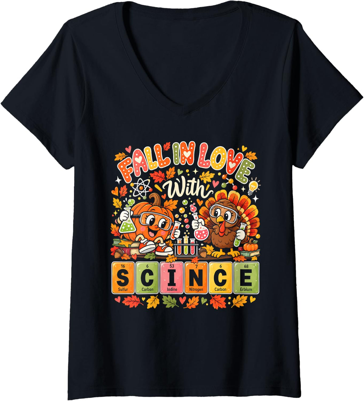 Women's Fall in Love with Science Thanksgiving Turkey STEM Teacher V-Neck T-Shirt - Black