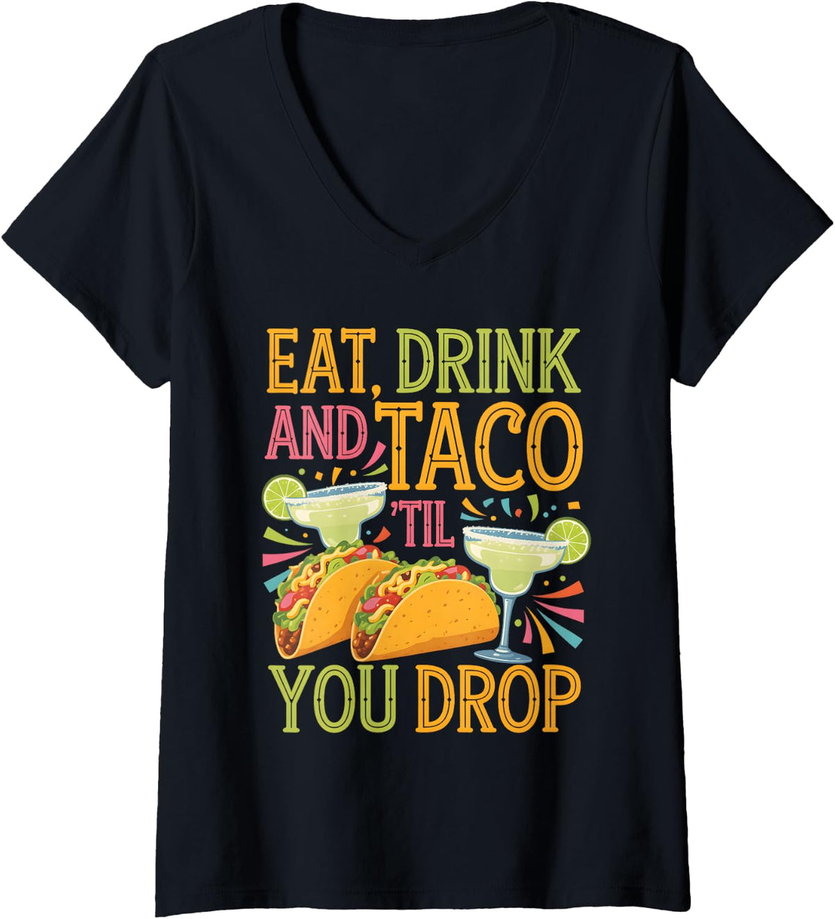 Women's Tacos and Tequila Mexican Party Taco Lover V-Neck T-Shirt - Black