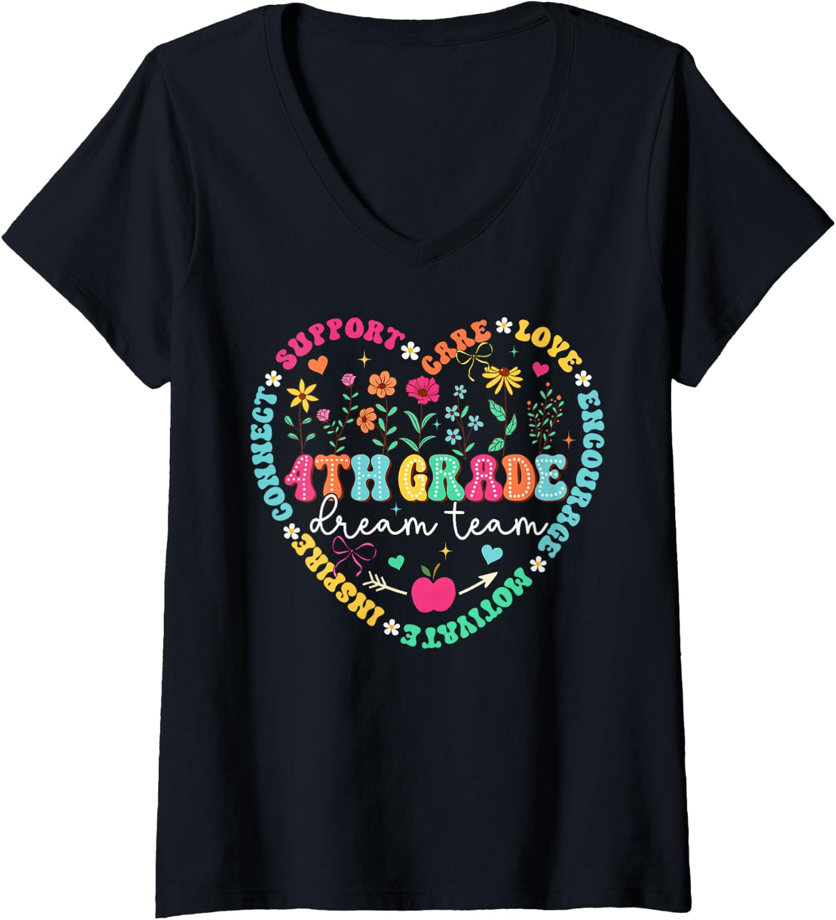 Women's 4th Grade Dream Team Floral Back to School Student Teacher V-Neck T-Shirt - Black