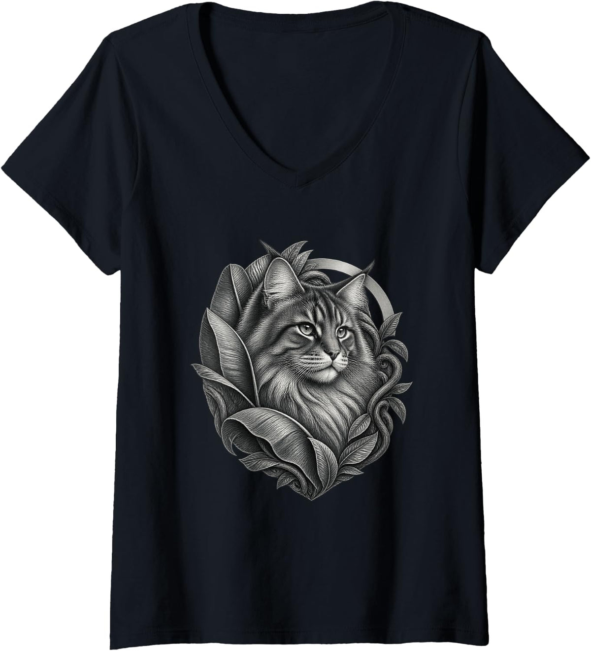 Women's Norwegian Forest Cat with Broad Leaves and Jungle Vines V-Neck T-Shirt - Black