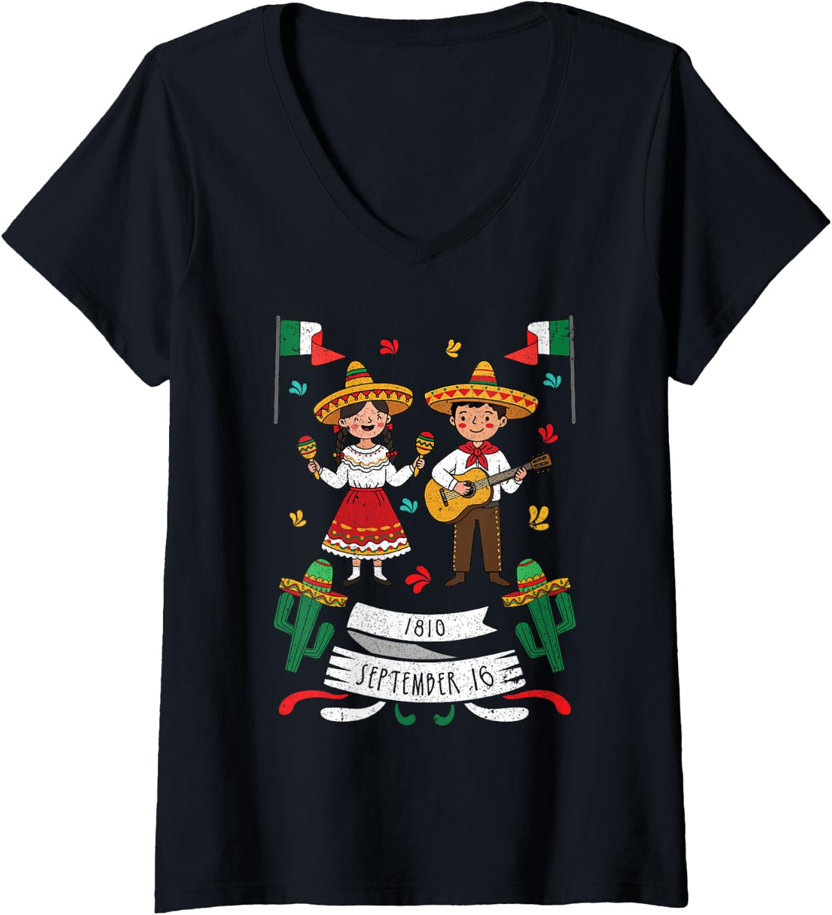 Womens 1810 September 16 Mexican Independence La Independencia V-Neck T-Shirt - Black